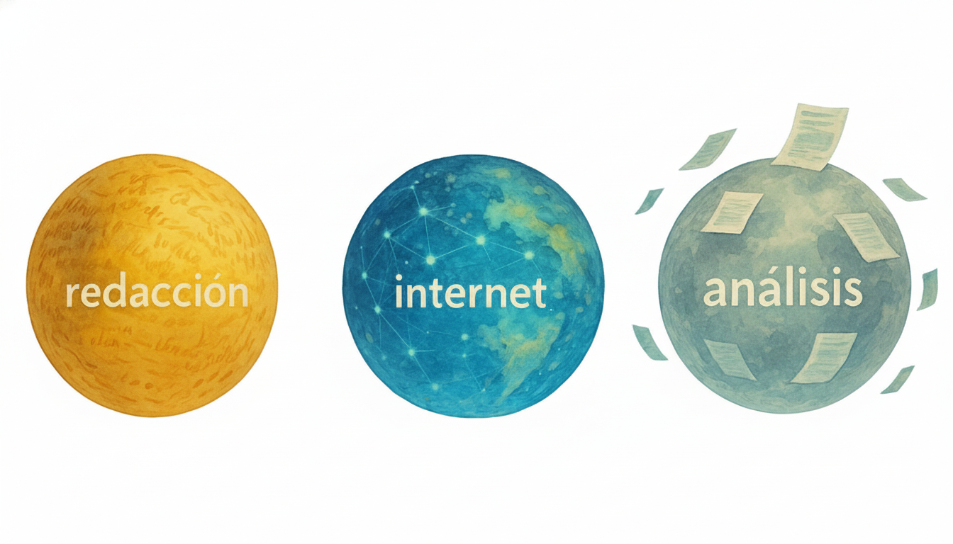 Tres esferas de aplicación: redacción, investigación en Internet y análisis de documentos
